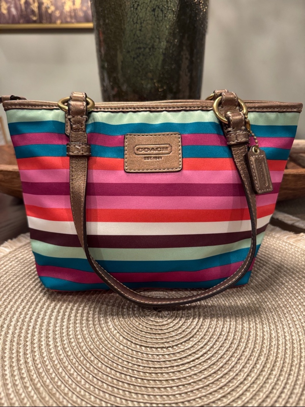Coach Legacy Striped Mini Tote Y2K with Metallic Copper Trim